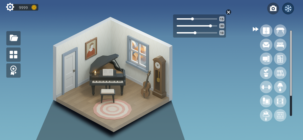 Setup Dream Room - An isometric view of a music room with a piano and cello being designed in the Setup Dream Room app