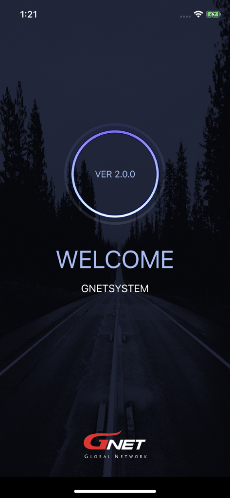GNET - Welcome screen of the GNET dashcam utility app showing version 2.0.0 on a dark road background