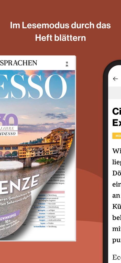 ADESSO Italienischアプリのスクリーンショット。フィレンツェに関する記事が表示されたデジタルマガジンインターフェース。