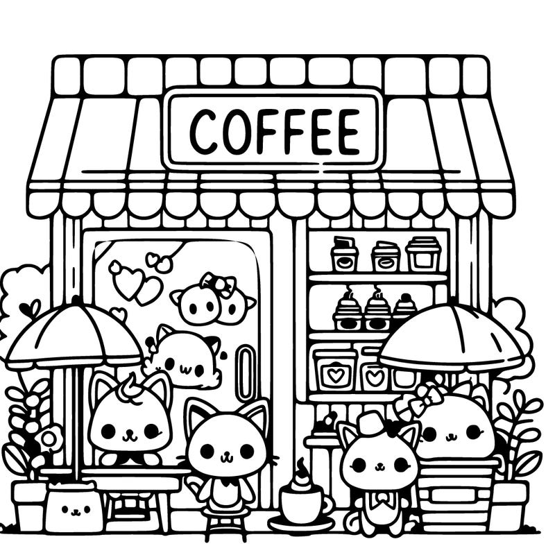 a cute coffee  shop with cute kawaii animals in it too