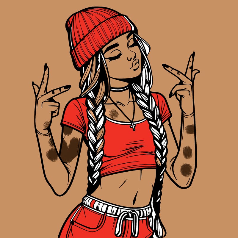 realistic teenage girl with braids and a beanie and crop top doing 🫶🏼