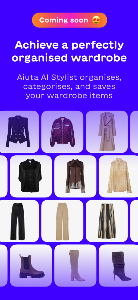 Aiuta – AI Stylist - Interfaz de la aplicación Aiuta que muestra una función de organización de guardarropa digital con varios artículos de ropa