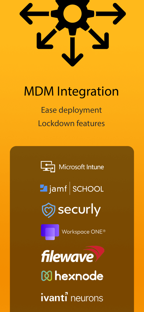 Infografica che mostra le funzionalità di integrazione MDM per FileBrowser for Education, incluso il supporto per Microsoft Intune, Jamf School e Securly