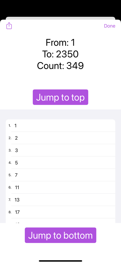 A list of prime numbers generated within a range from 1 to 2350 in the Prefacto app interface.