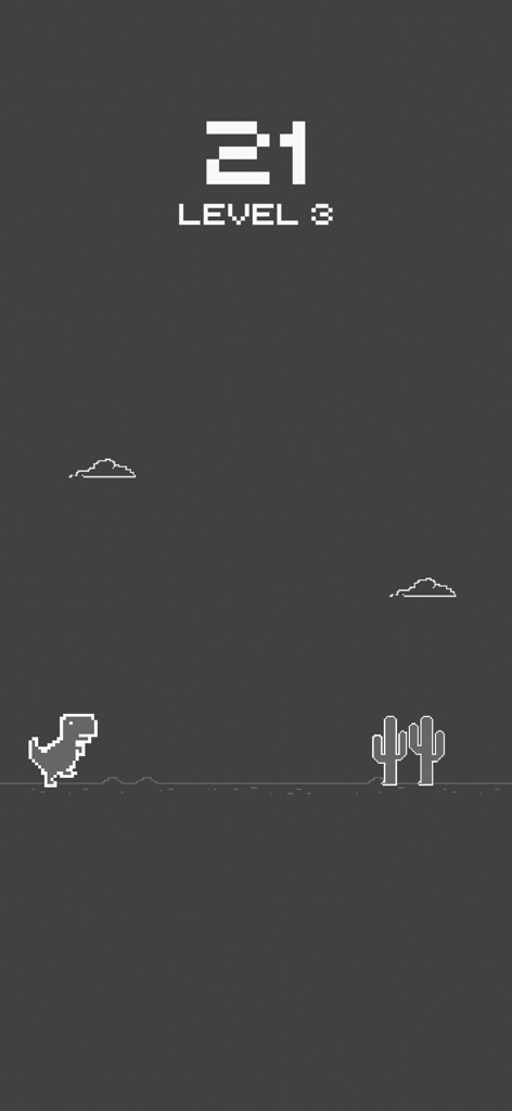 Chrome Dino Run - 暗いナイトモードのゲームプレイでサボテンを飛び越えるピクセルアートの恐竜