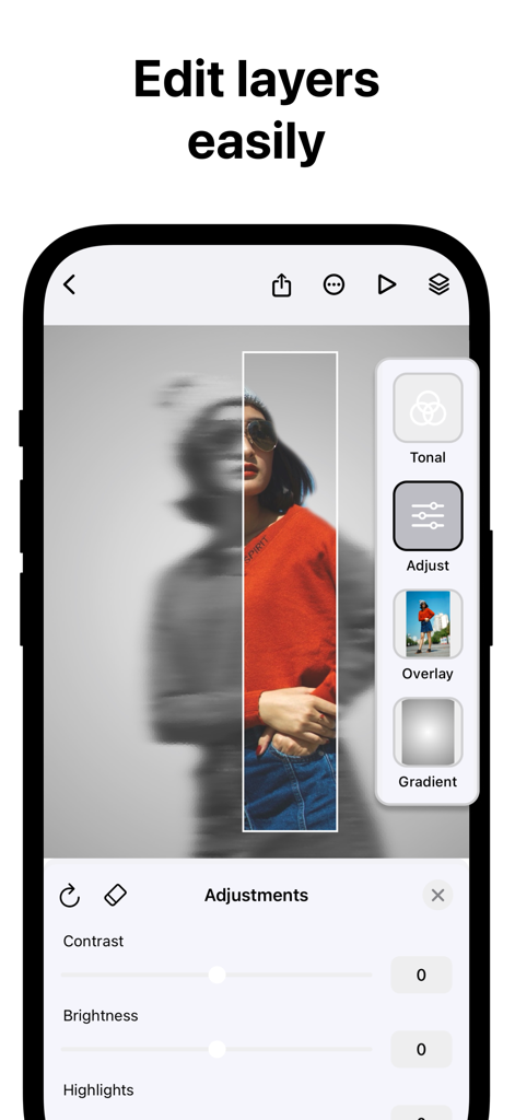 Creatic: Graphic Design Editor - Graphic design app interface showing layer editing tools and photo adjustment sliders for contrast and brightness