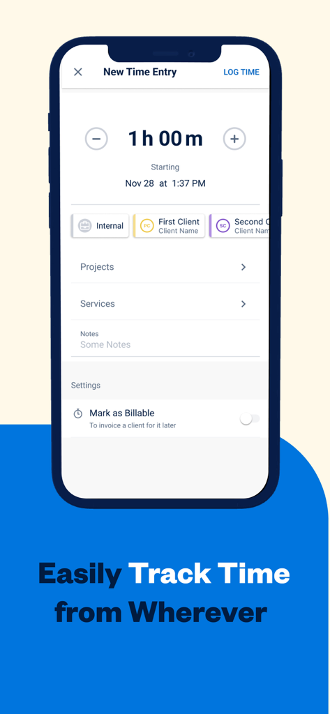新しい時間エントリを記録し、請求可能な時間を追跡するインターフェースを表示するFreshBooksモバイルアプリの画面