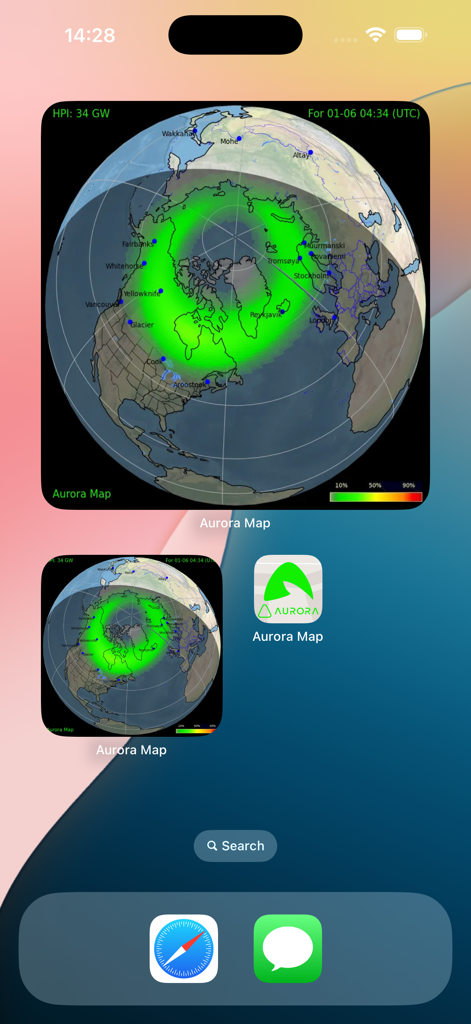 Aurora Map: Aurora All - Pantalla de inicio de iPhone mostrando widgets de la aplicación Aurora Map con mapas de actividad de aurora boreal en tiempo real