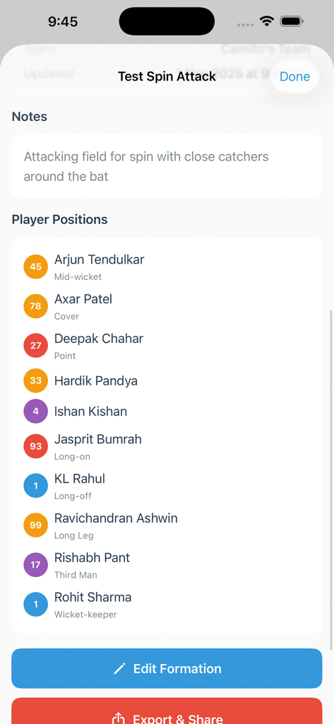 Cricket Fielding - Pantalla de la aplicación móvil que muestra una lista de jugadores de cricket y sus posiciones de fielding asignadas.