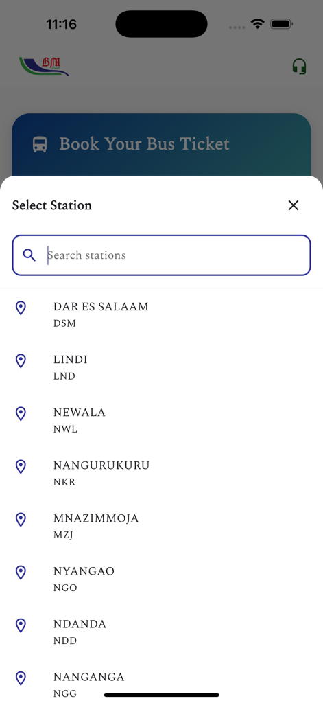 BM Coach - Selection of Tanzanian bus stations in the BM Coach booking app