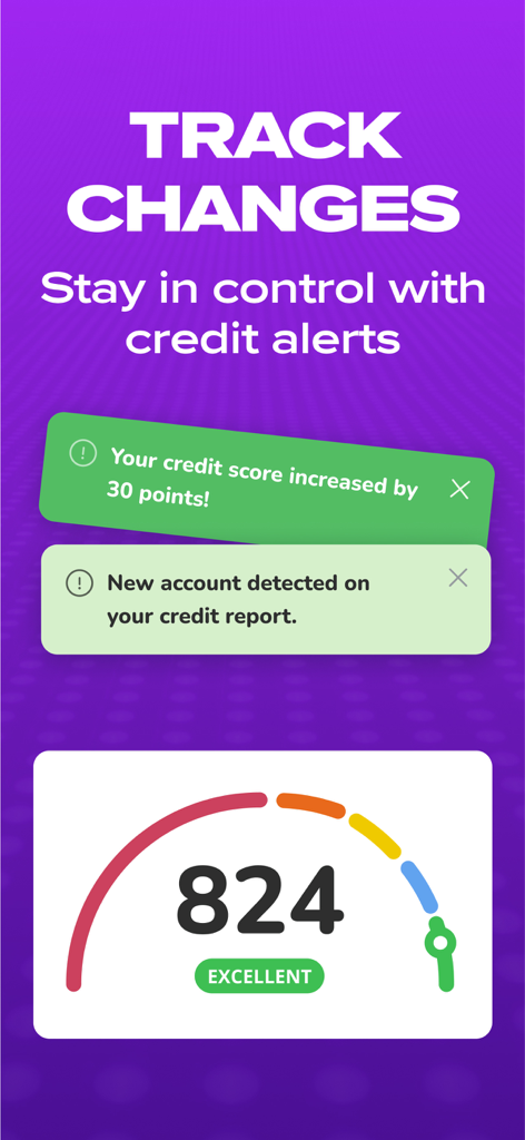 Bolster: Get Your Credit Right - A mobile app interface showing credit alert notifications and a high credit score of 824 labeled as excellent