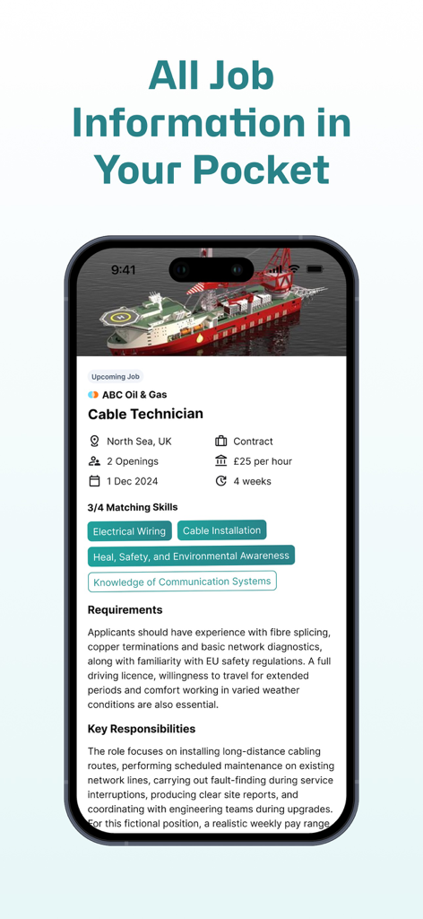 Moblyze Me app interface showing detailed job information for an energy sector position