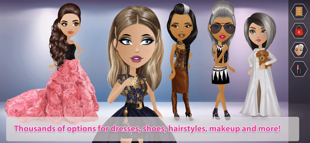 Five fashionable avatars showcasing various customization options for dresses and hairstyles