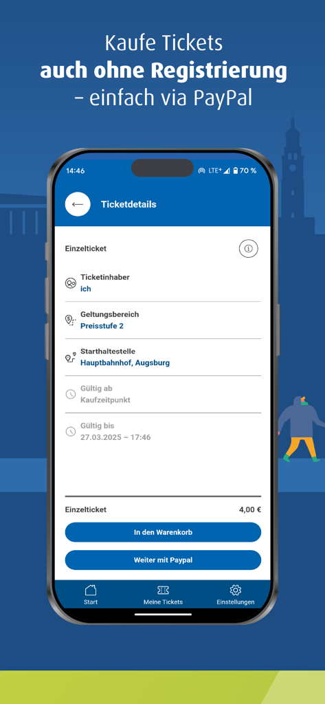 meinAVV - The meinAVV app showing ticket details for a single journey in Augsburg with a PayPal checkout button