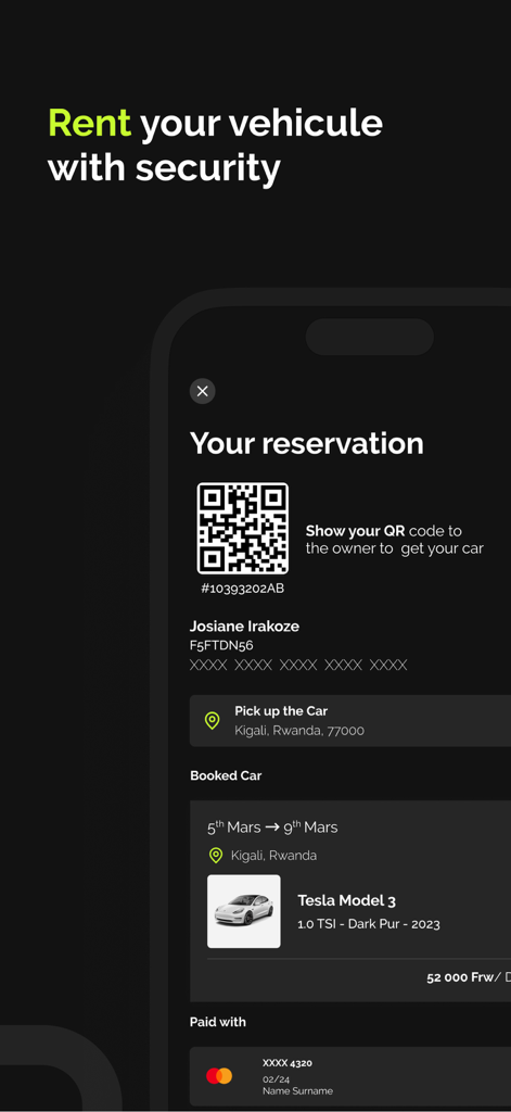 Litt+ - 예약 세부 정보 및 QR 코드가 포함된 Litt plus 차량 공유 앱의 예약 확인 화면