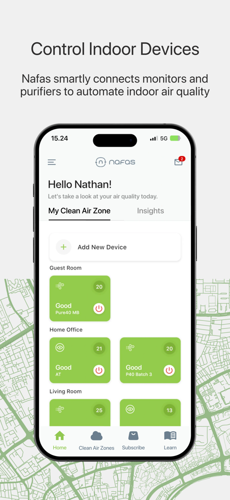 Nafas Middle East app dashboard showing real-time air quality monitoring and device control for multiple rooms.