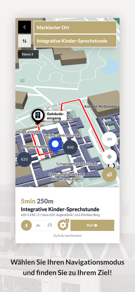 Navi@UKT - Navi at UKTアプリのスクリーンショット。小児科クリニックへの赤いナビゲーションルートが表示されたキャンパス地図を示しています。