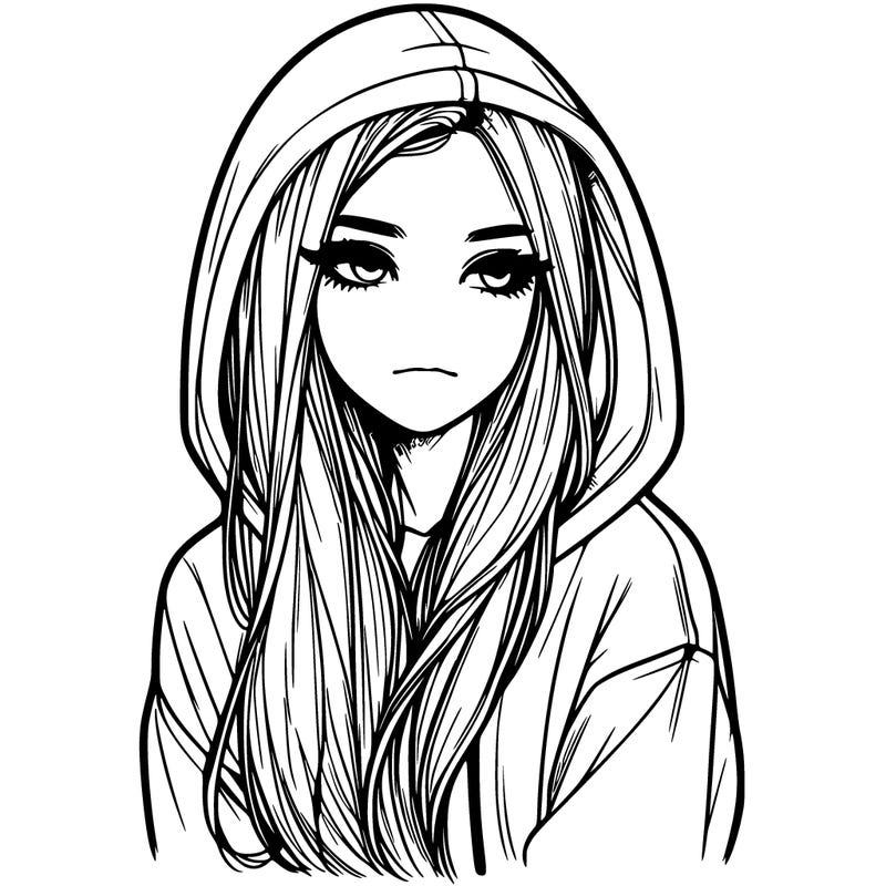 realistic girl with hoodie and long thin hair