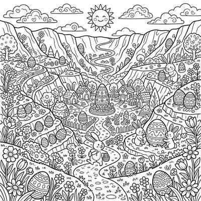 Dive into a whimsical blend of natural wonder and holiday joy with our Easter Caldera coloring page. This delightful scene features an entire village nestled within a caldera, brimming with adorable bunnies and beautifully decorated Easter eggs.