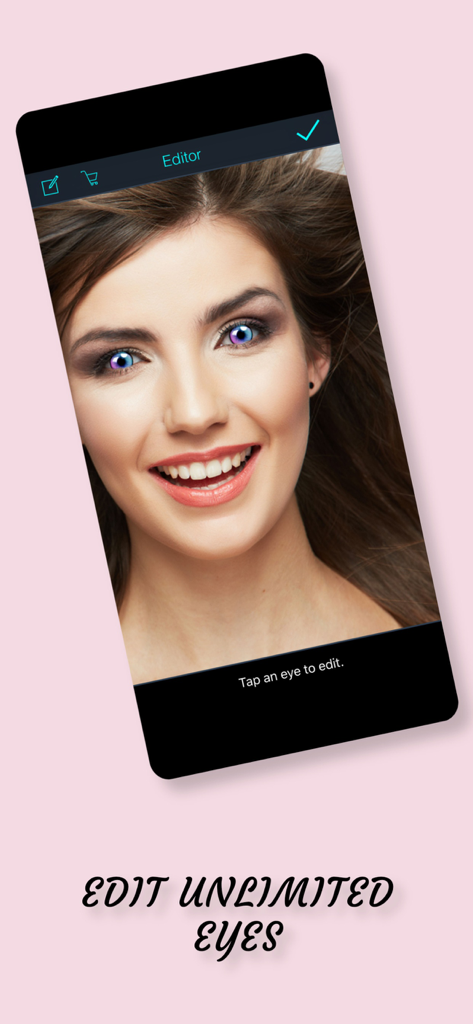 Eye Color Changer & Editor - A woman using a photo editing app to change her eye color to a vibrant blue hue