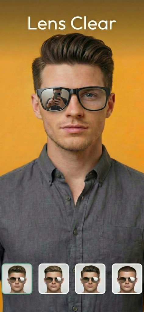 A portrait of a man demonstrating the removal of phone reflections from eyeglass lenses using Lens Clear AI