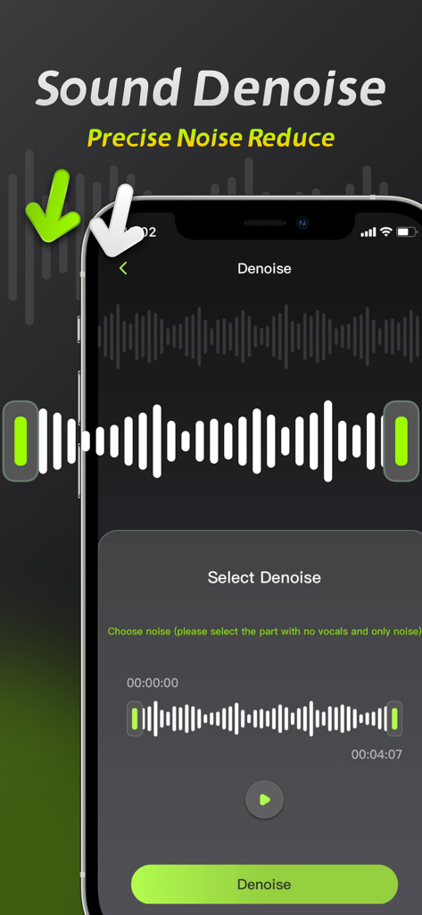 Audio Editor: Video to Audio - Smartphone screen showing the Sound Denoise feature in the Audio Editor app with a waveform selection interface