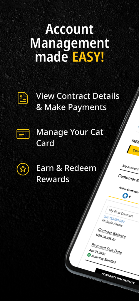 MyCatFinancial - MyCatFinancial app interface showing contract management, payment details, and reward features.