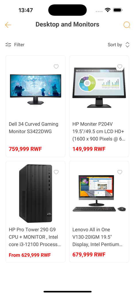 Easybuy Rw - Easybuy Rw app displaying desktop computers and monitors with prices in RWF.