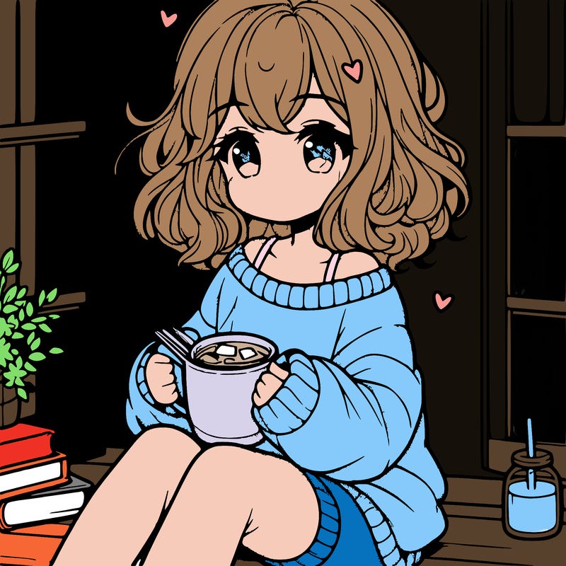 cute anime girl reading book and drinking hot chocolate from mug with loose wavy hair wearing a baggy sweatshirt and shorts sitting by windowsill looking out