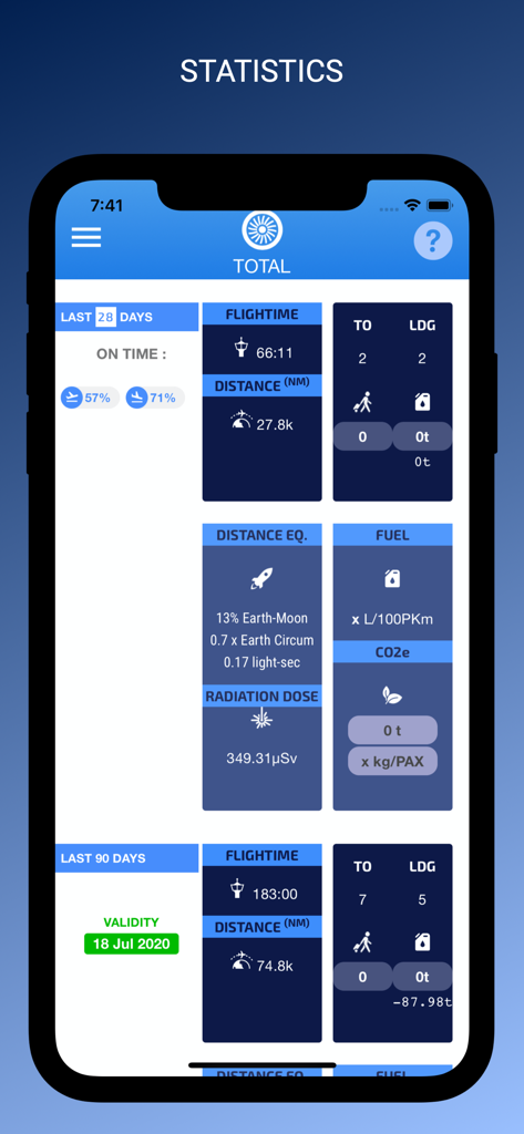 FlightLog App - Dashboard view of the FlightLog app displaying pilot statistics including flight hours distance landings and radiation dose