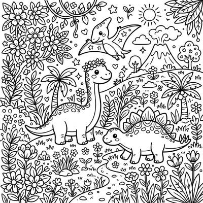 Embark on a delightful prehistoric journey with this enchanting kawaii dinosaur coloring page, set amidst a vibrant spring landscape. These adorable ancient creatures are ready for you to bring them to life with a splash of color.