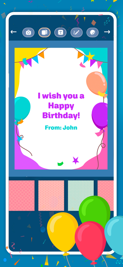 Create birthday greeting cards - Interfaz de una aplicación creadora de tarjetas de cumpleaños que muestra una tarjeta personalizable con globos y texto