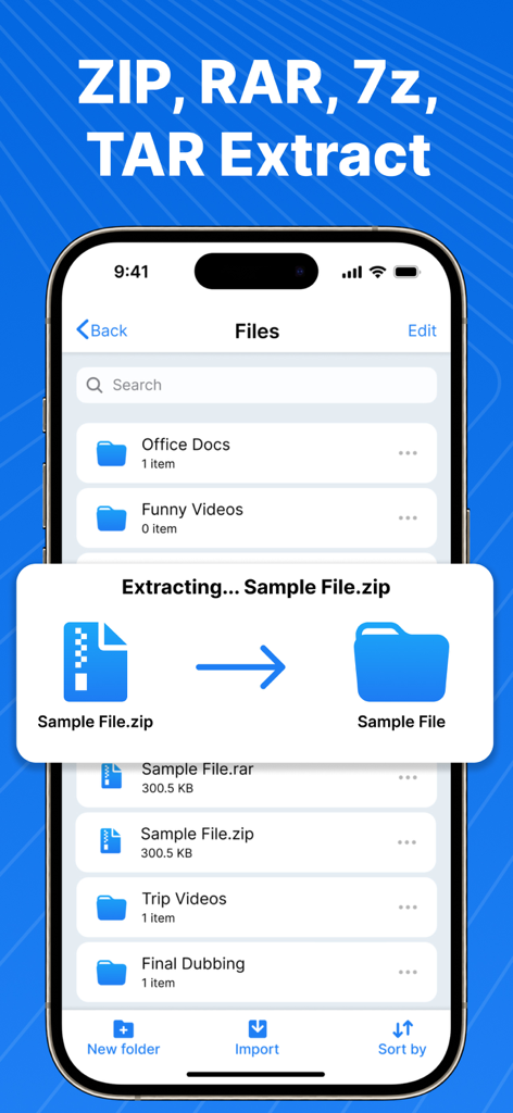 Zip & RAR Extractor - Unzip 7z - Interface of an iOS app extracting a zip file into a folder.