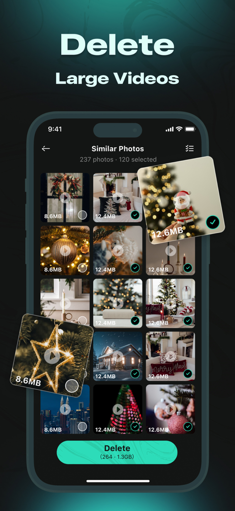 Smartphone app interface for selecting and deleting large video files to free up storage space