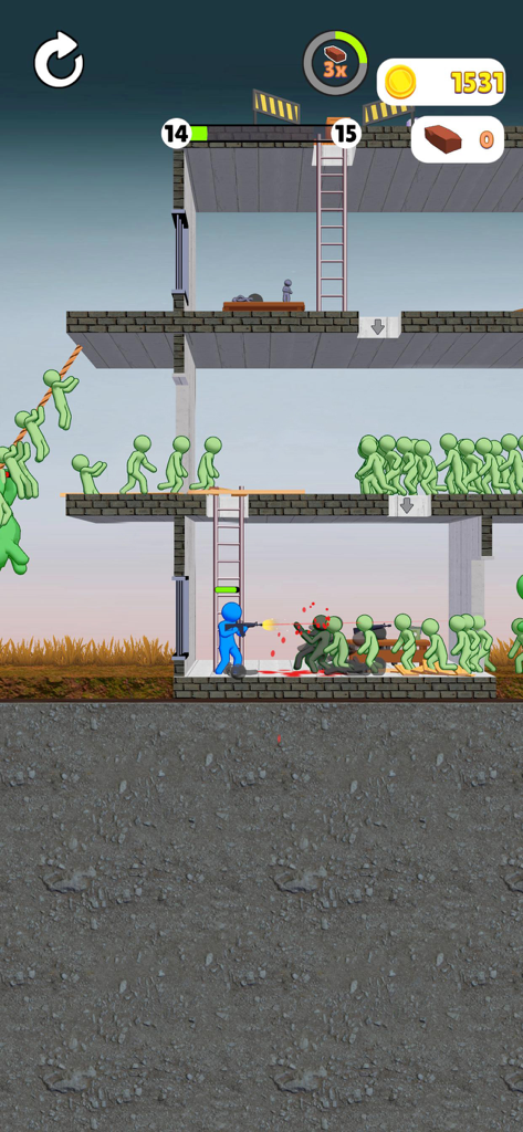 Dusk WarZ - A blue character shooting a swarm of green stickman enemies at the bottom of a multi-level tower in Dusk WarZ