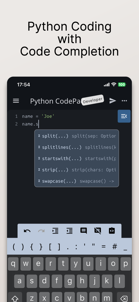 Python mobile editor showing code completion suggestions