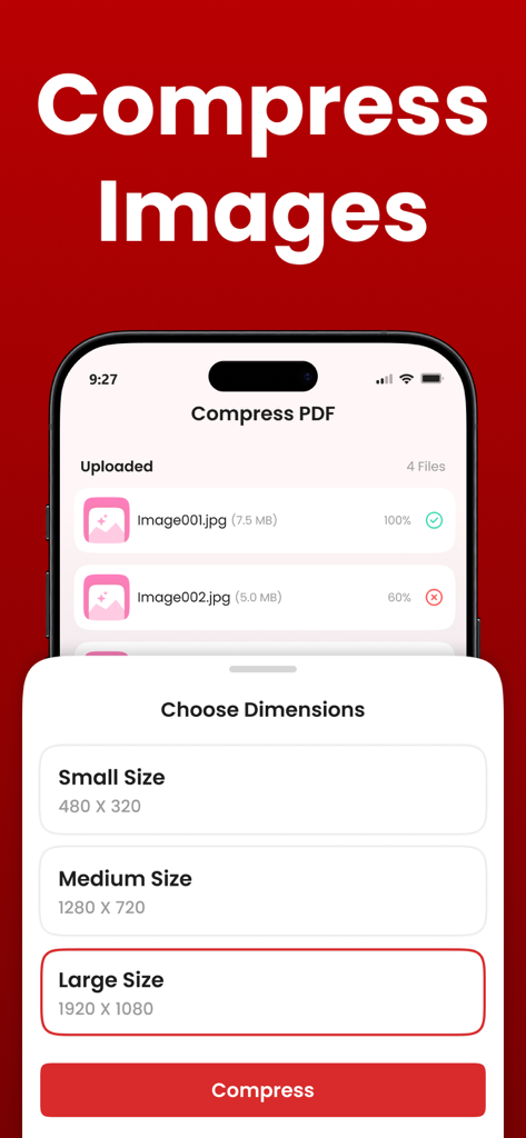 작음, 중간, 큰 크기와 같은 치수를 선택하여 이미지를 압축하는 옵션을 보여주는 모바일 화면 인터페이스