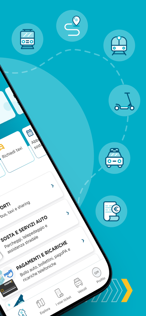 A smartphone screen displaying the MooneyGo app interface with icons for trains scooters taxis and bill payments for Italian travel