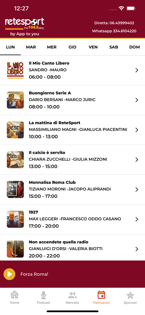 Programma giornaliero delle trasmissioni radiofoniche sull'app mobile Retesport