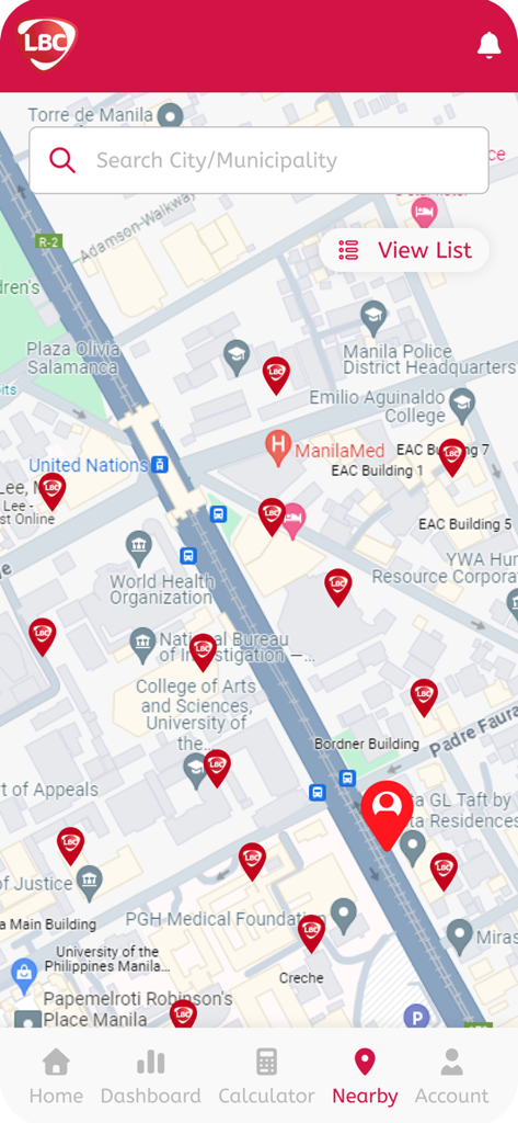LBC Express - LBC Express app screen showing a map with nearby branch locations in Manila