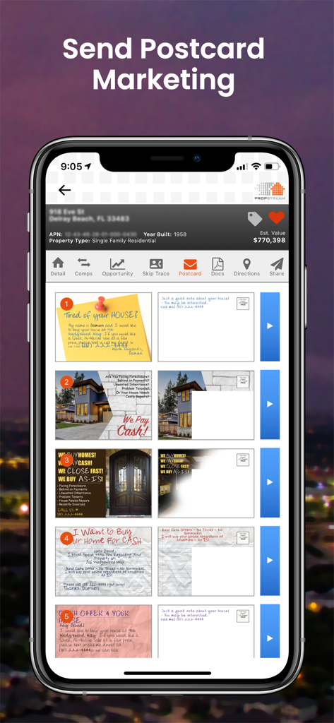 PropStream - PropStream mobile app interface showing a list of customizable real estate marketing postcard templates for property owners.