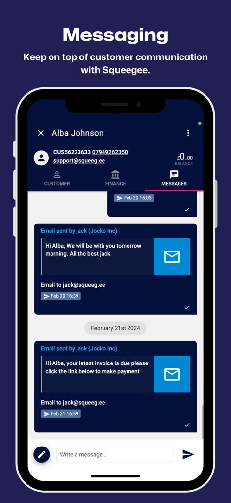 Squeegee app messaging interface for automated client reminders and business communication