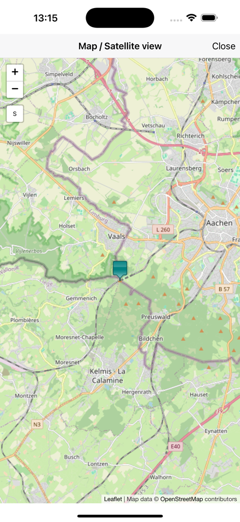 Kartenansicht mit einem Standortstift, der konvertierte Koordinaten in der App anzeigt