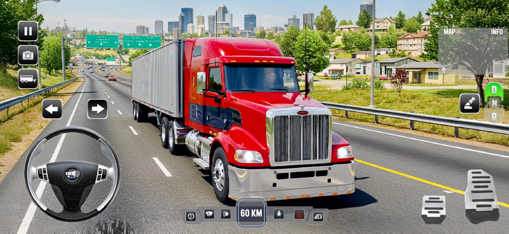 Depot Truck Simulator Games 3D - Un camión cisterna rojo conduciendo por una autopista con un horizonte urbano en un juego de simulador de camiones 3D