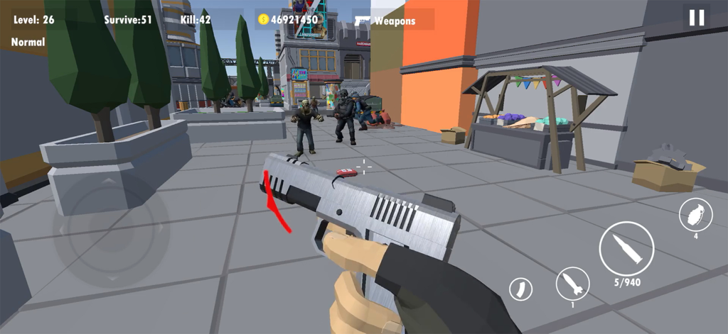 Survival: Offline Zombie War - First person shooter view of a player holding a pistol in a low poly city environment during a zombie survival game