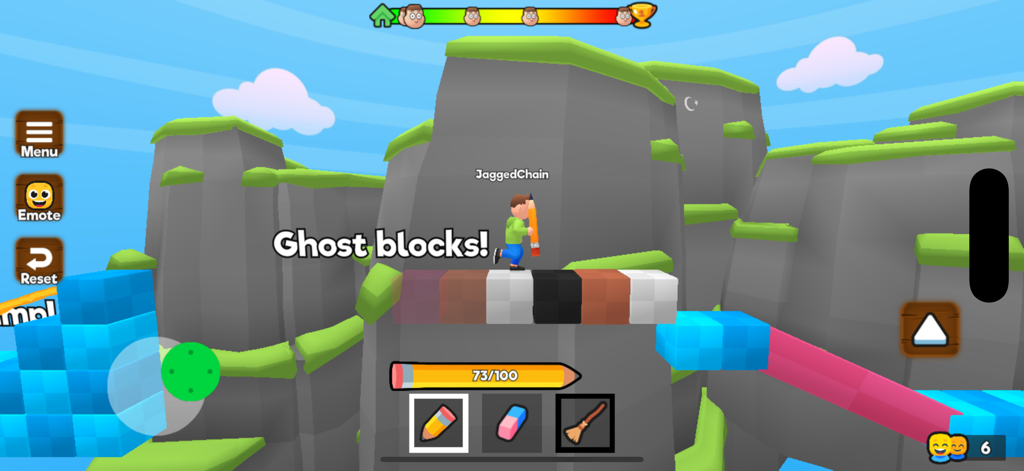 Character navigating ghost blocks in the Draw my Path Obby mobile game
