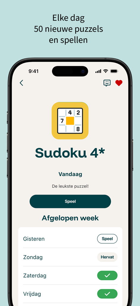 Puzzelfit België - La pantalla de selección de Sudoku de la aplicación Puzzelfit België que muestra desafíos diarios y un historial de puzles de la semana pasada.