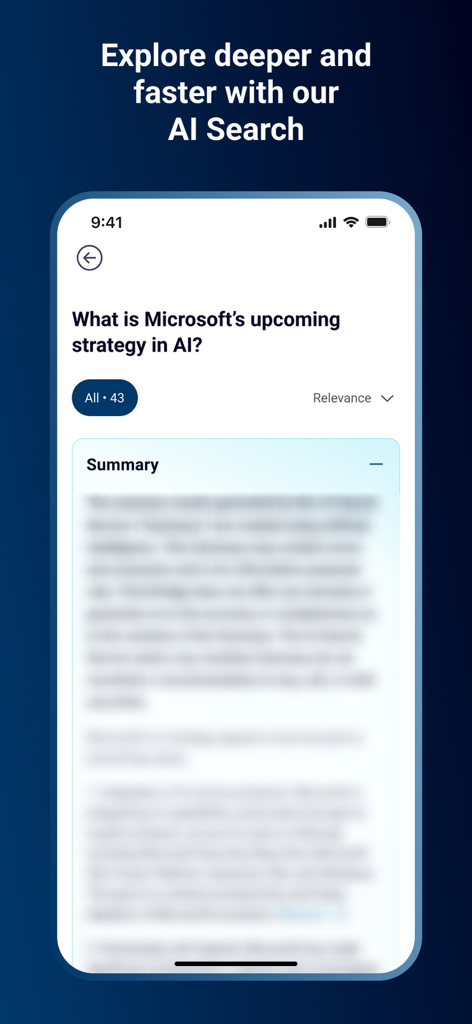 Third Bridge - Third Bridge mobile app interface showing an AI search result and summary for Microsoft strategy.