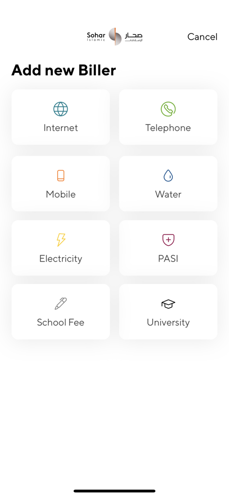 Sohar Islamic - Sohar Islamic mobile app screen showing options to add new billers for utilities like water electricity and education fees