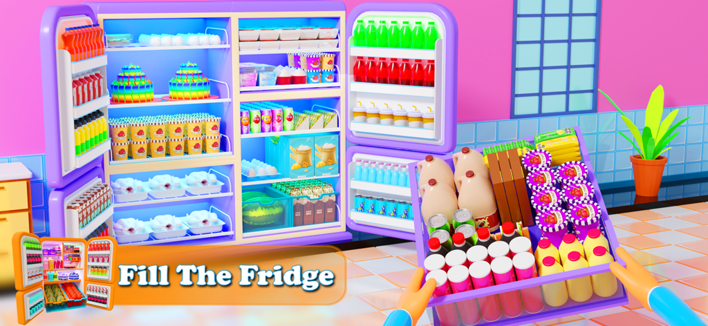 Una nevera colorida y organizada siendo reabastecida con comestibles en el juego móvil Fill the Fridge Organizer.